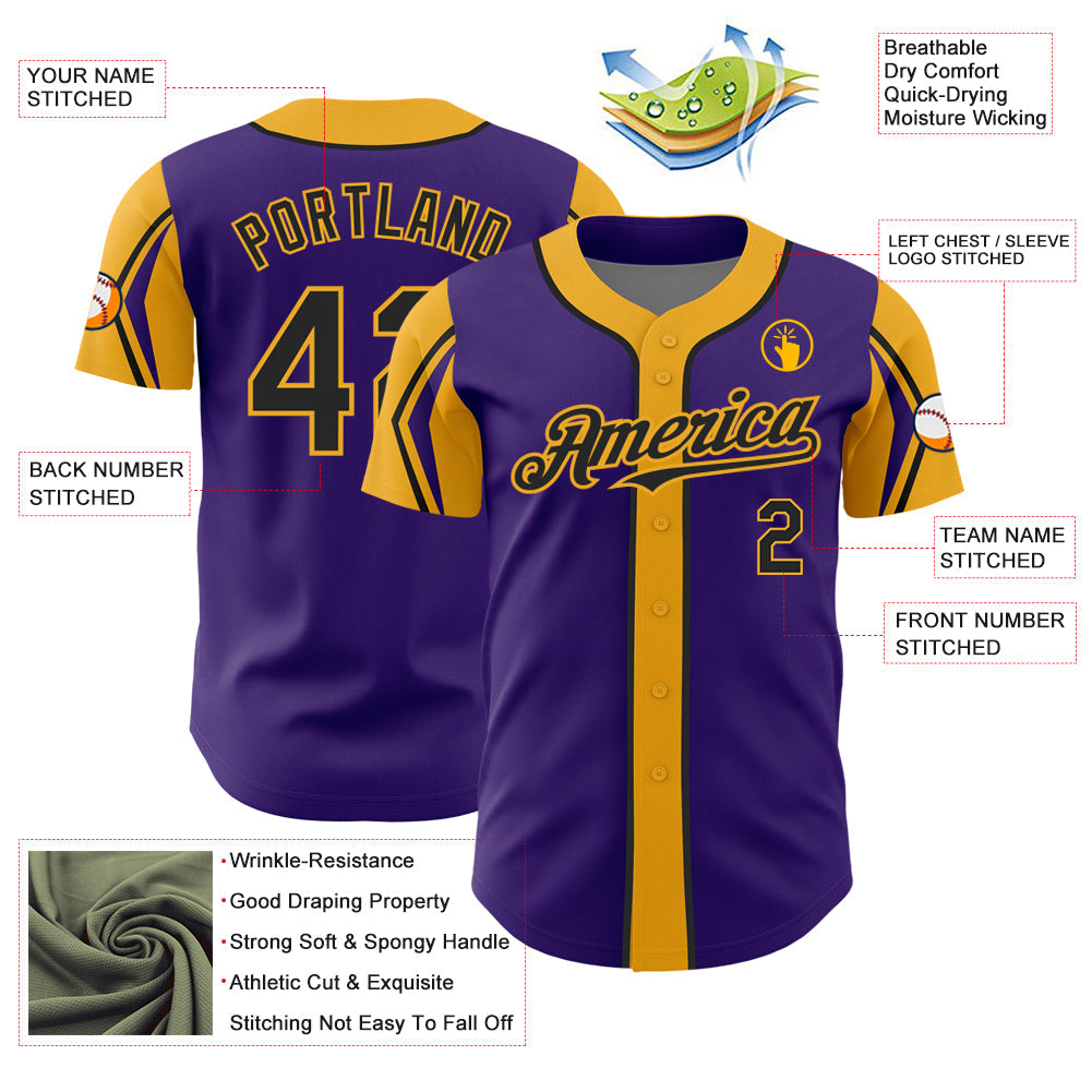 Custom Purple Black-Gold 3 Colors Arm Shapes Authentic Baseball Jersey view 4
