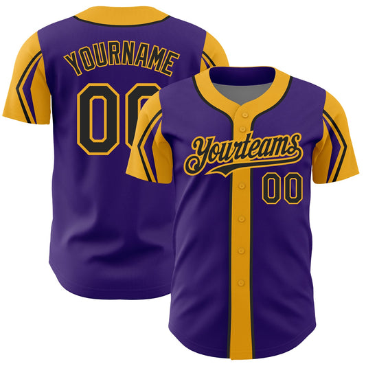 Custom Purple Black-Gold 3 Colors Arm Shapes Authentic Baseball Jersey - Main View