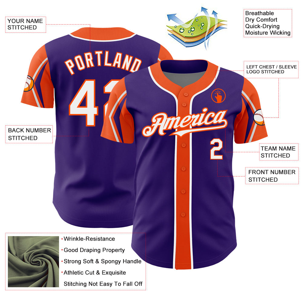 Custom Purple White-Orange 3 Colors Arm Shapes Authentic Baseball Jersey view 4