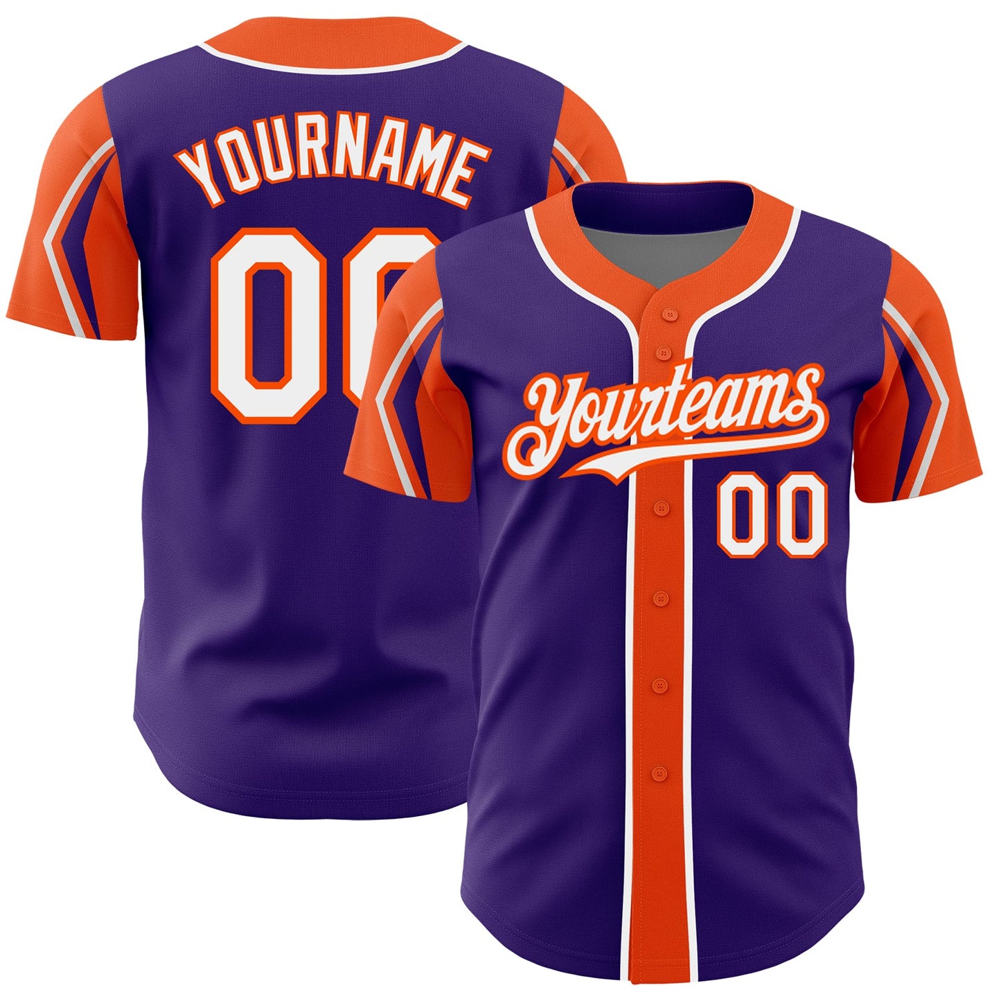 Custom Purple White-Orange 3 Colors Arm Shapes Authentic Baseball Jersey - Main View