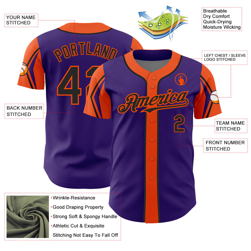 Custom Purple Black-Orange 3 Colors Arm Shapes Authentic Baseball Jersey view 4