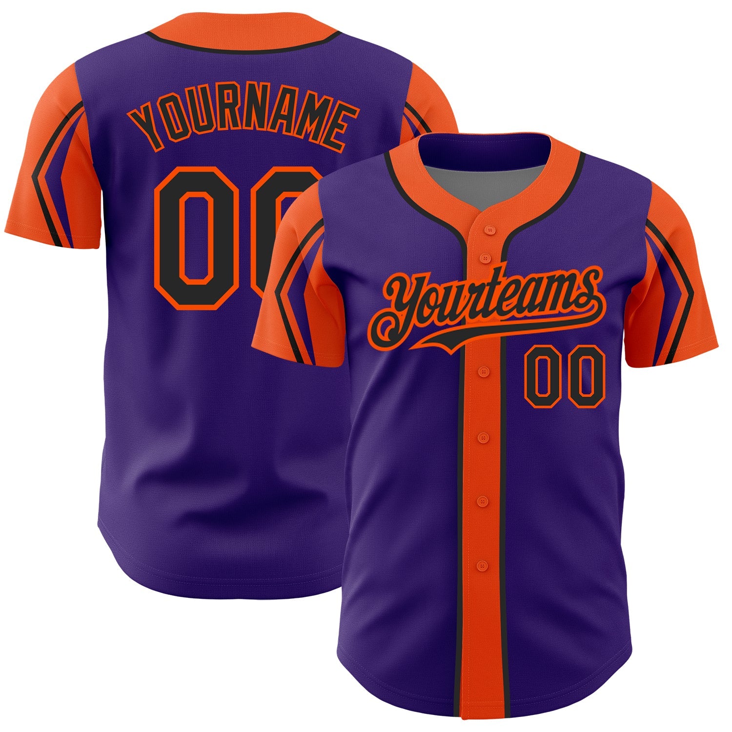 Custom Purple Black-Orange 3 Colors Arm Shapes Authentic Baseball Jersey - Main View