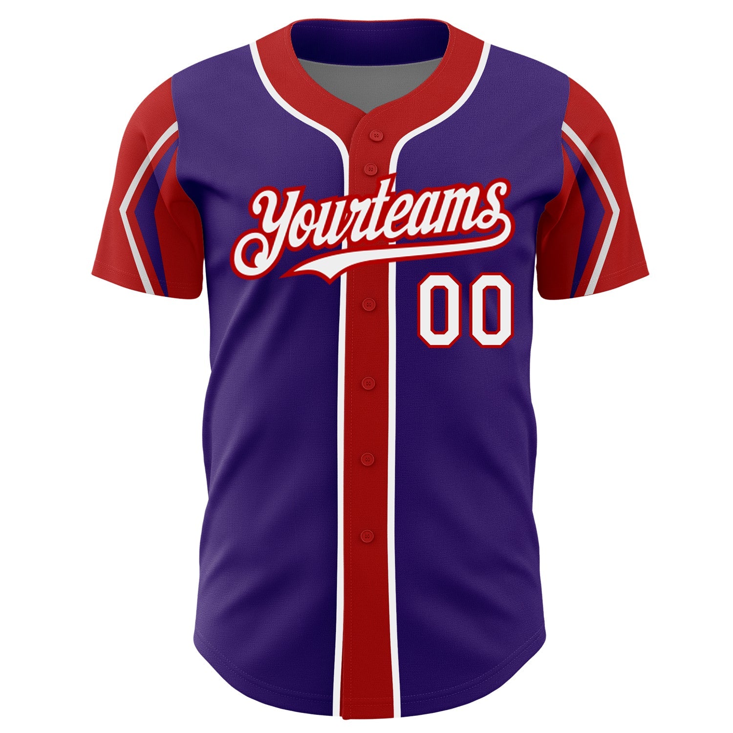 Custom Purple White-Red 3 Colors Arm Shapes Authentic Baseball Jersey view 3