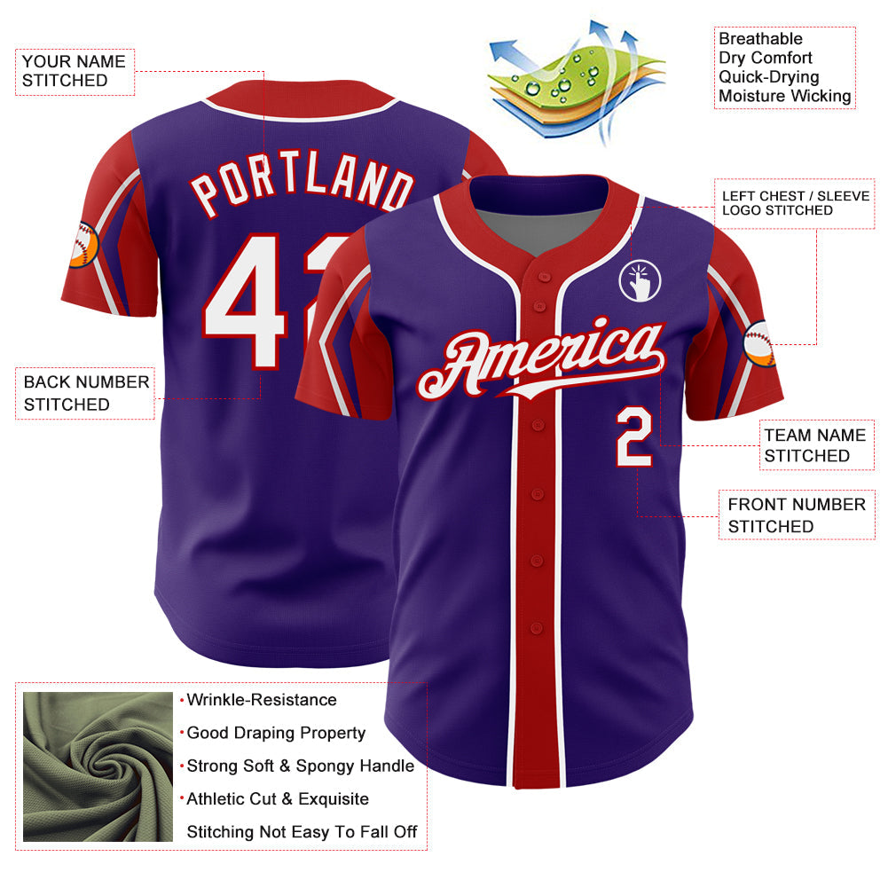 Custom Purple White-Red 3 Colors Arm Shapes Authentic Baseball Jersey view 4