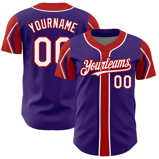 Custom Purple White-Red 3 Colors Arm Shapes Authentic Baseball Jersey - Main View