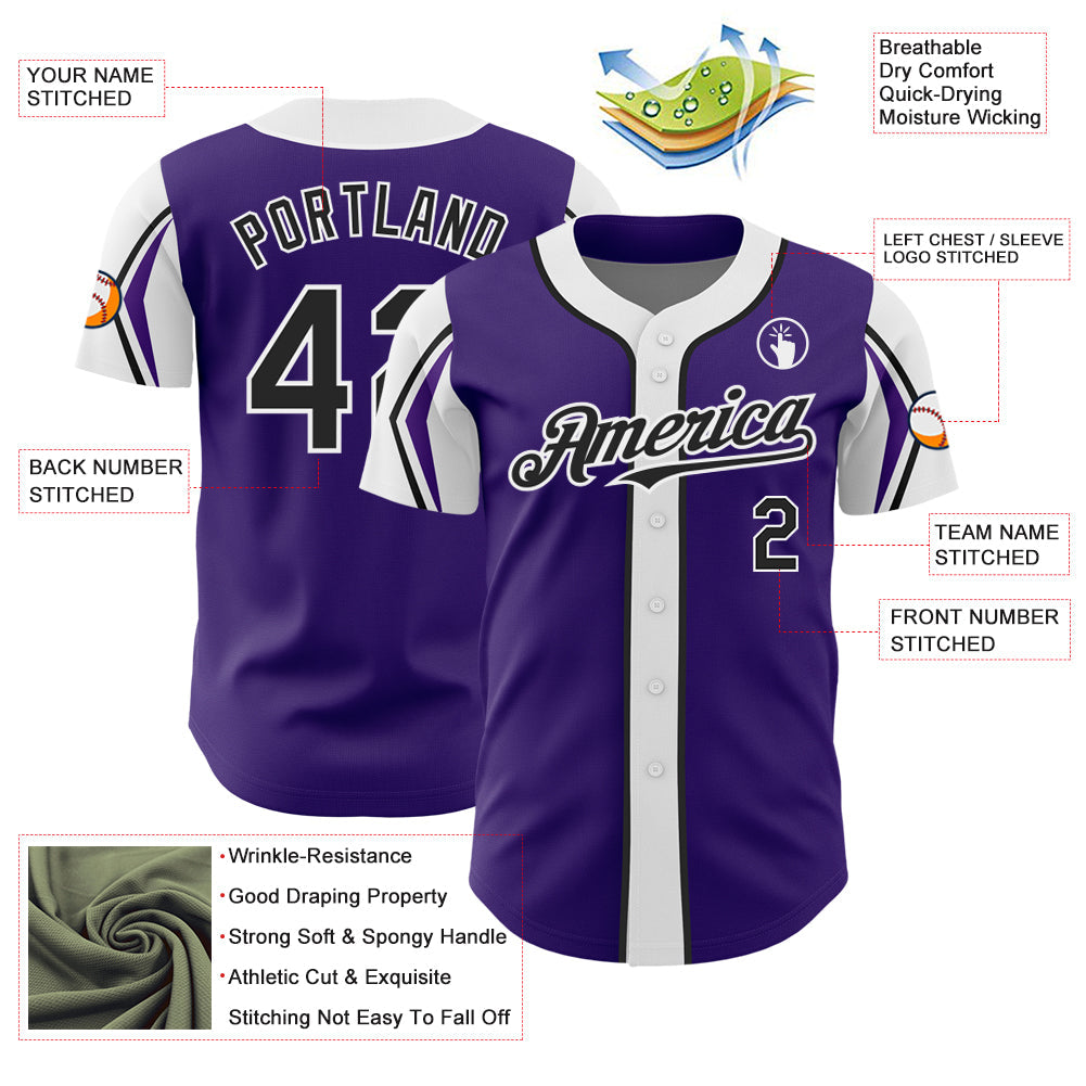 Custom Purple Black-White 3 Colors Arm Shapes Authentic Baseball Jersey view 4