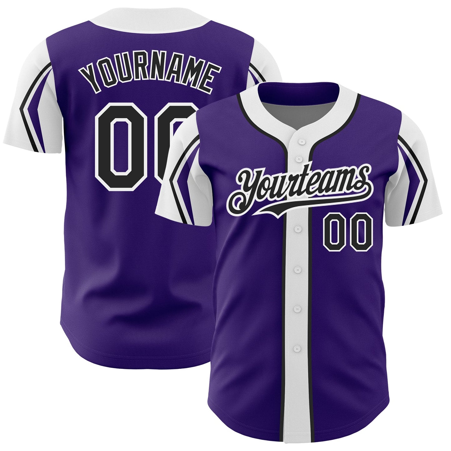 Custom Purple Black-White 3 Colors Arm Shapes Authentic Baseball Jersey - Main View