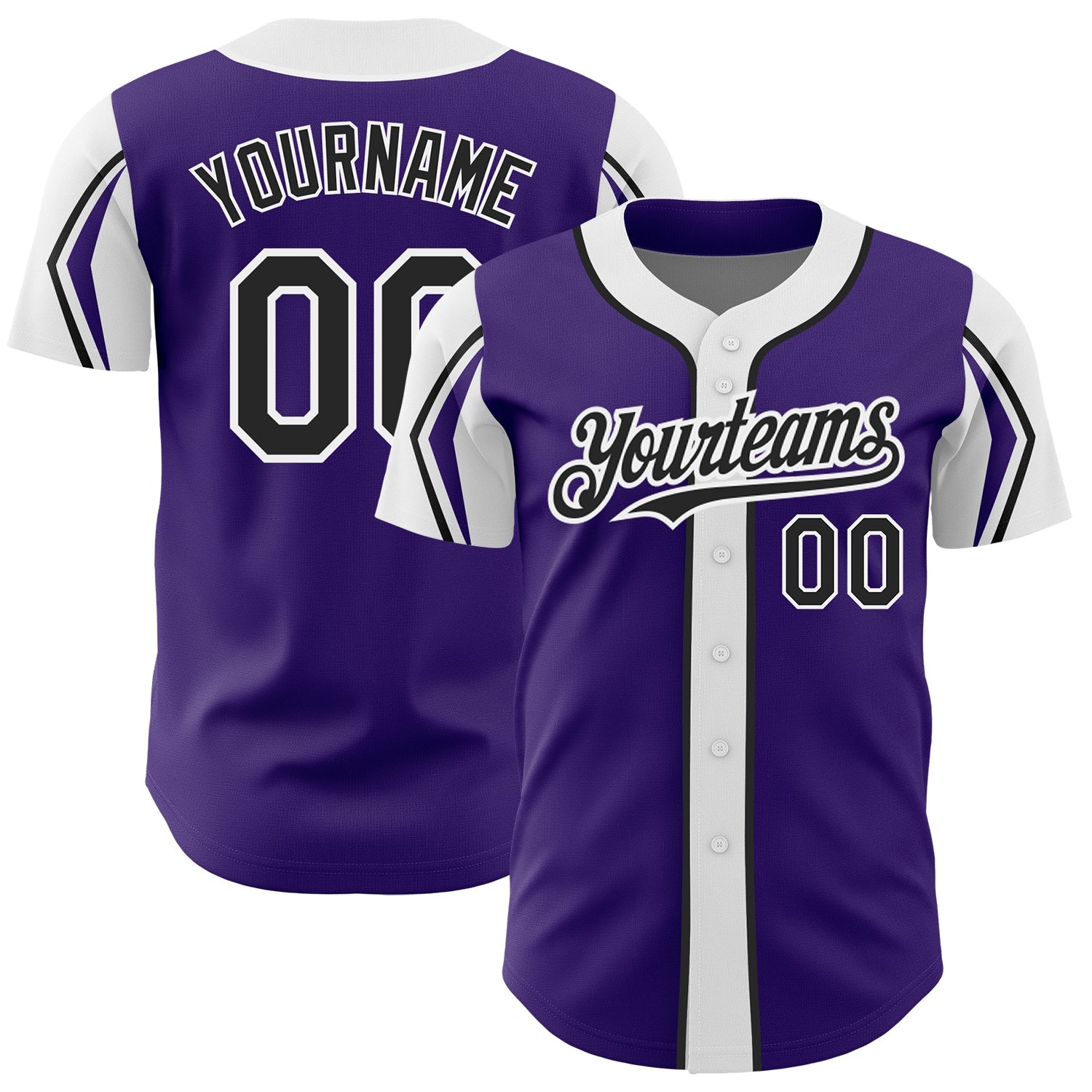 Custom Purple Black-White 3 Colors Arm Shapes Authentic Baseball Jersey - Main View