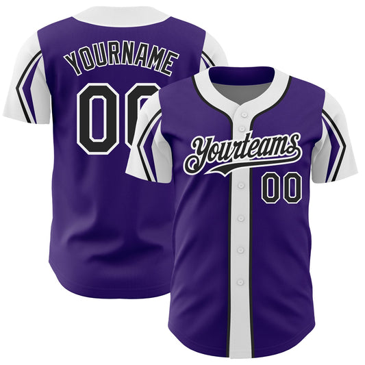 Custom Purple Black-White 3 Colors Arm Shapes Authentic Baseball Jersey - Main View