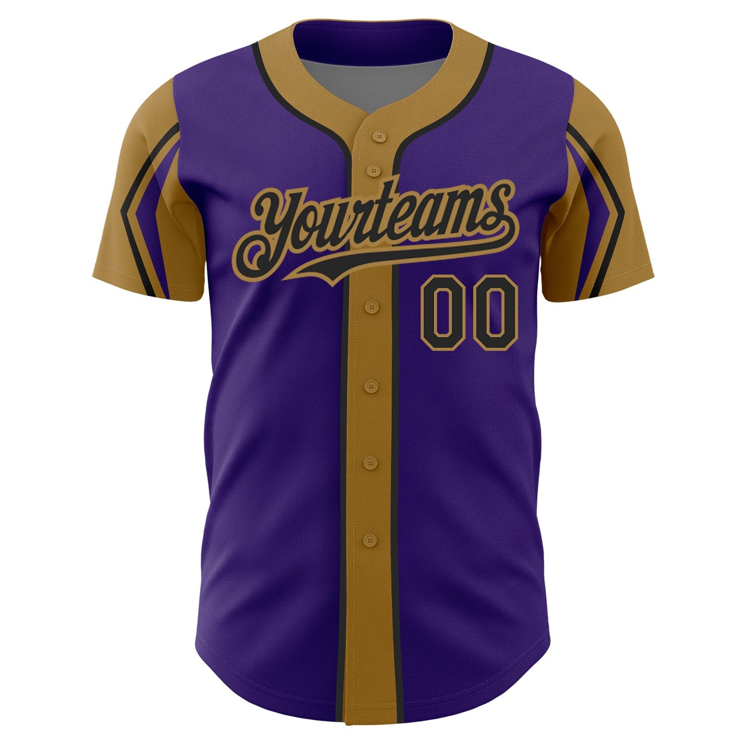 Custom Purple Black-Old Gold 3 Colors Arm Shapes Authentic Baseball Jersey view 3