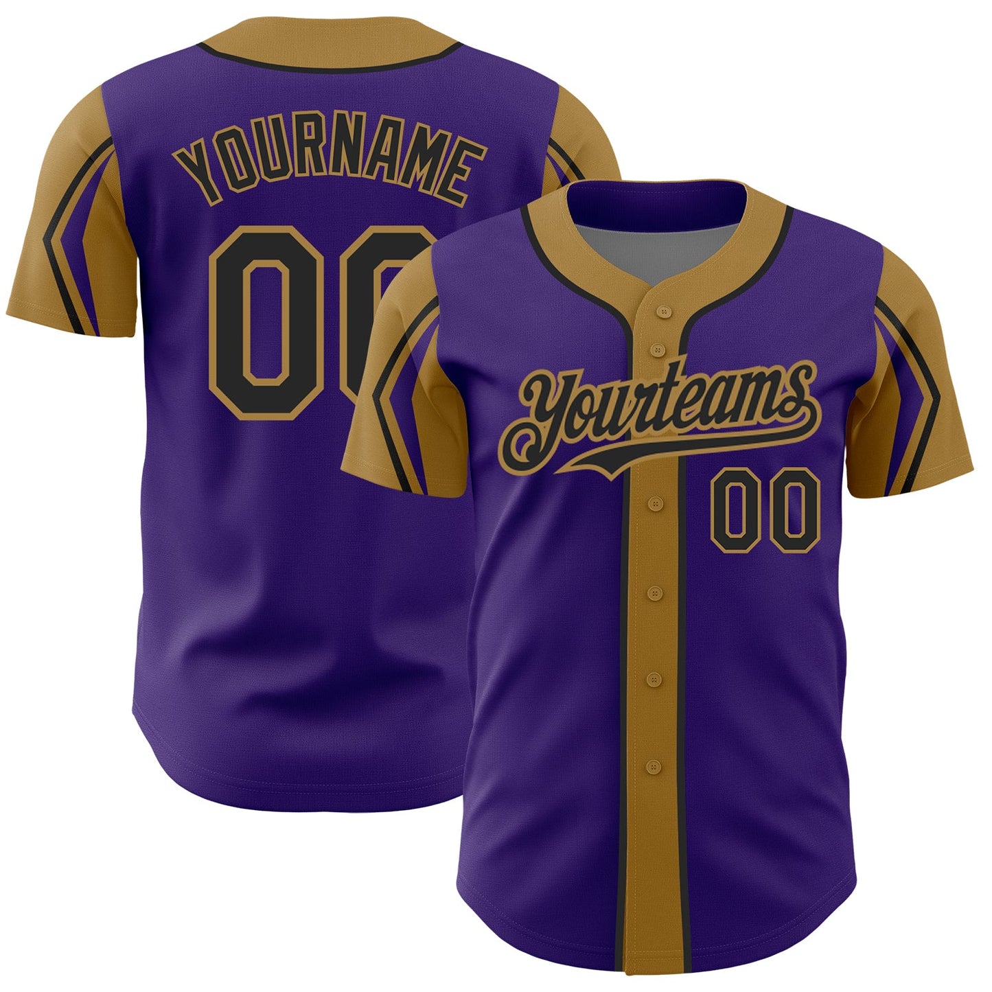 Custom Purple Black-Old Gold 3 Colors Arm Shapes Authentic Baseball Jersey - Main View
