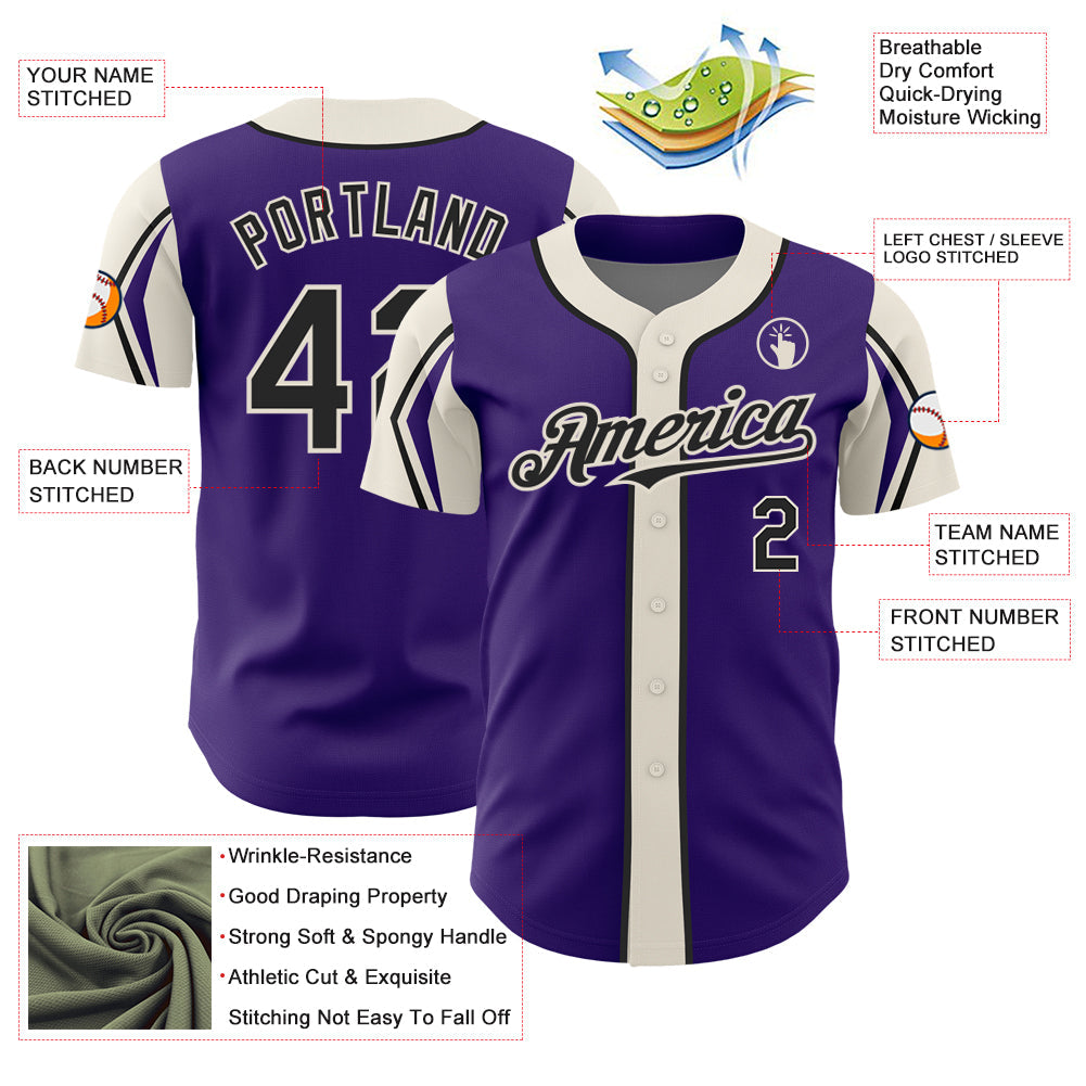 Custom Purple Black-Cream 3 Colors Arm Shapes Authentic Baseball Jersey view 4