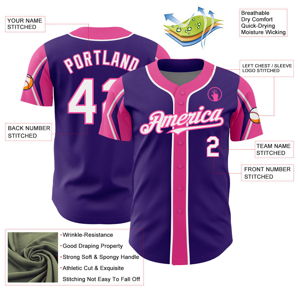 Custom Purple White-Pink 3 Colors Arm Shapes Authentic Baseball Jersey view 4