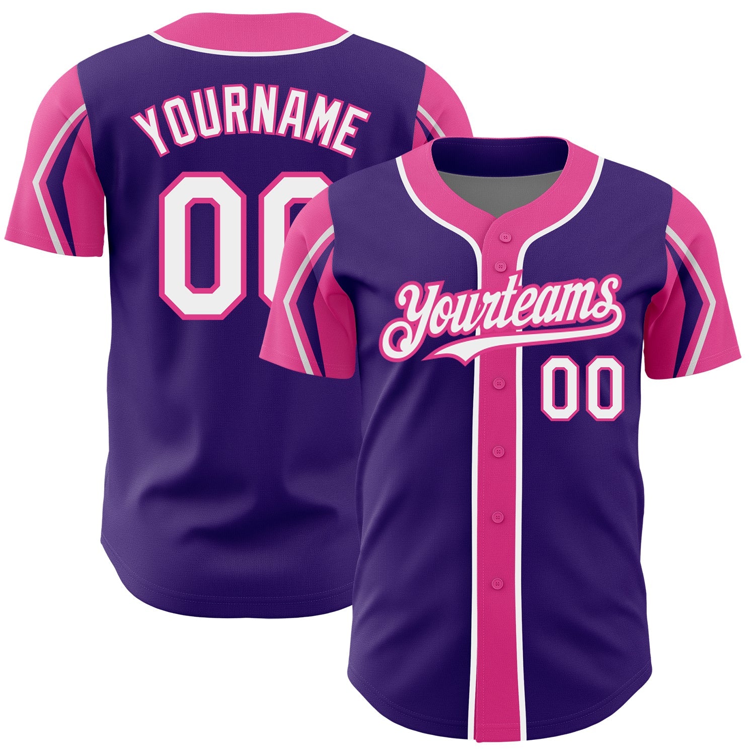 Custom Purple White-Pink 3 Colors Arm Shapes Authentic Baseball Jersey - Main View
