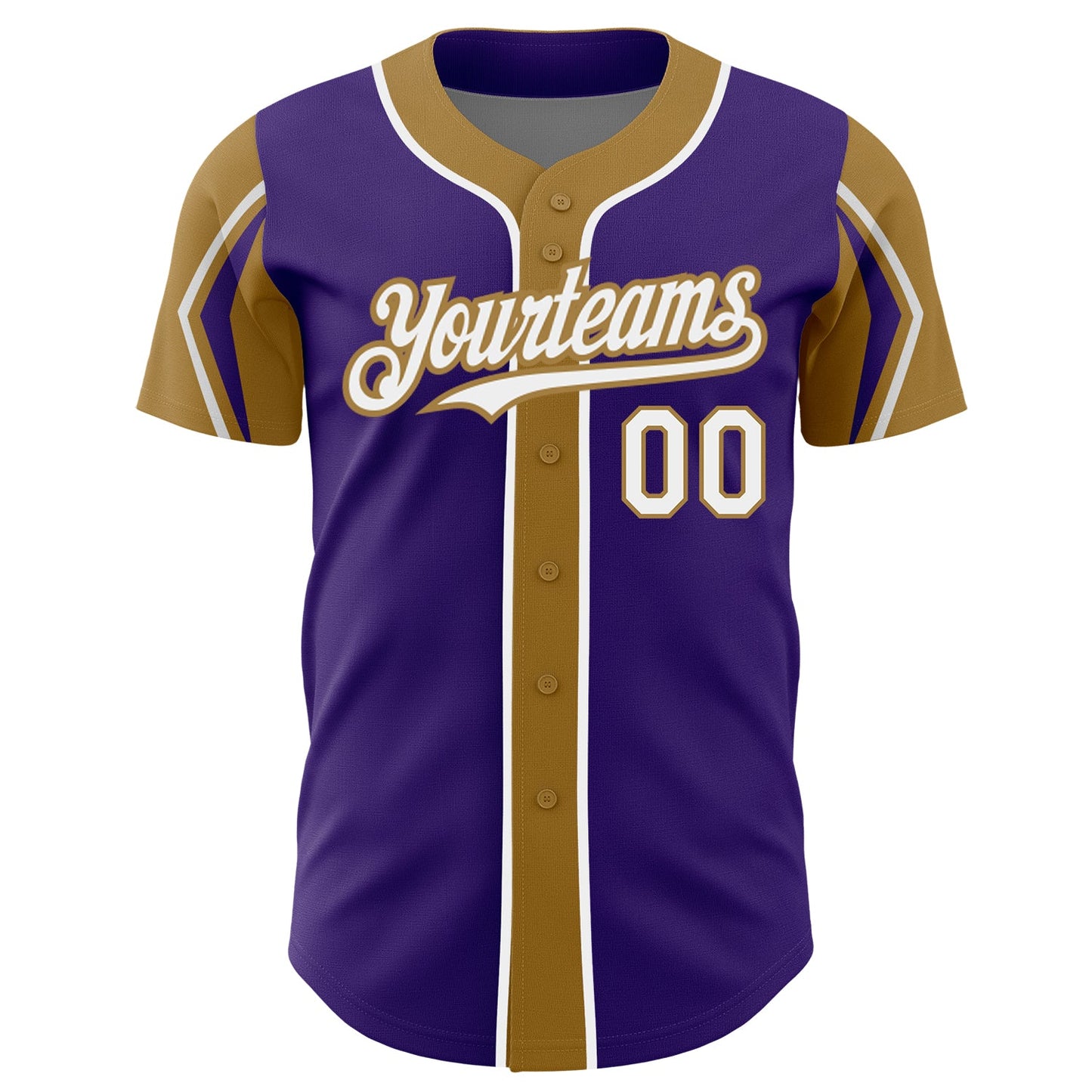 Custom Purple White-Old Gold 3 Colors Arm Shapes Authentic Baseball Jersey view 3