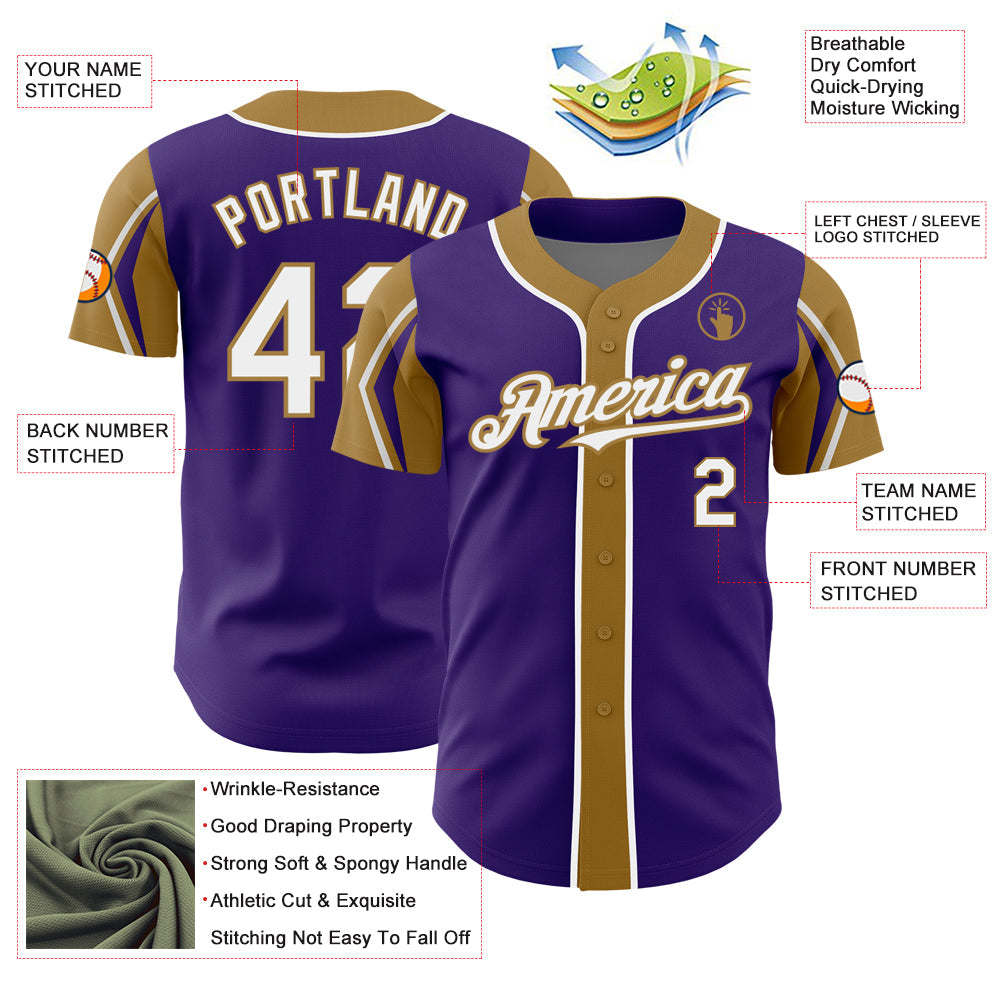 Custom Purple White-Old Gold 3 Colors Arm Shapes Authentic Baseball Jersey view 4