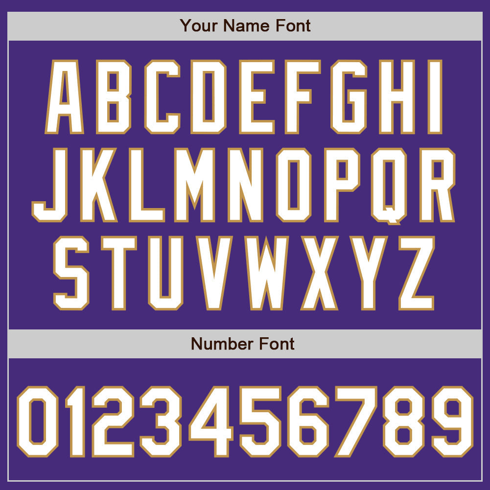 Custom Purple White-Old Gold 3 Colors Arm Shapes Authentic Baseball Jersey view 6