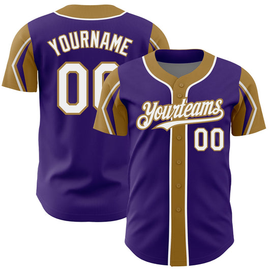 Custom Purple White-Old Gold 3 Colors Arm Shapes Authentic Baseball Jersey - Main View