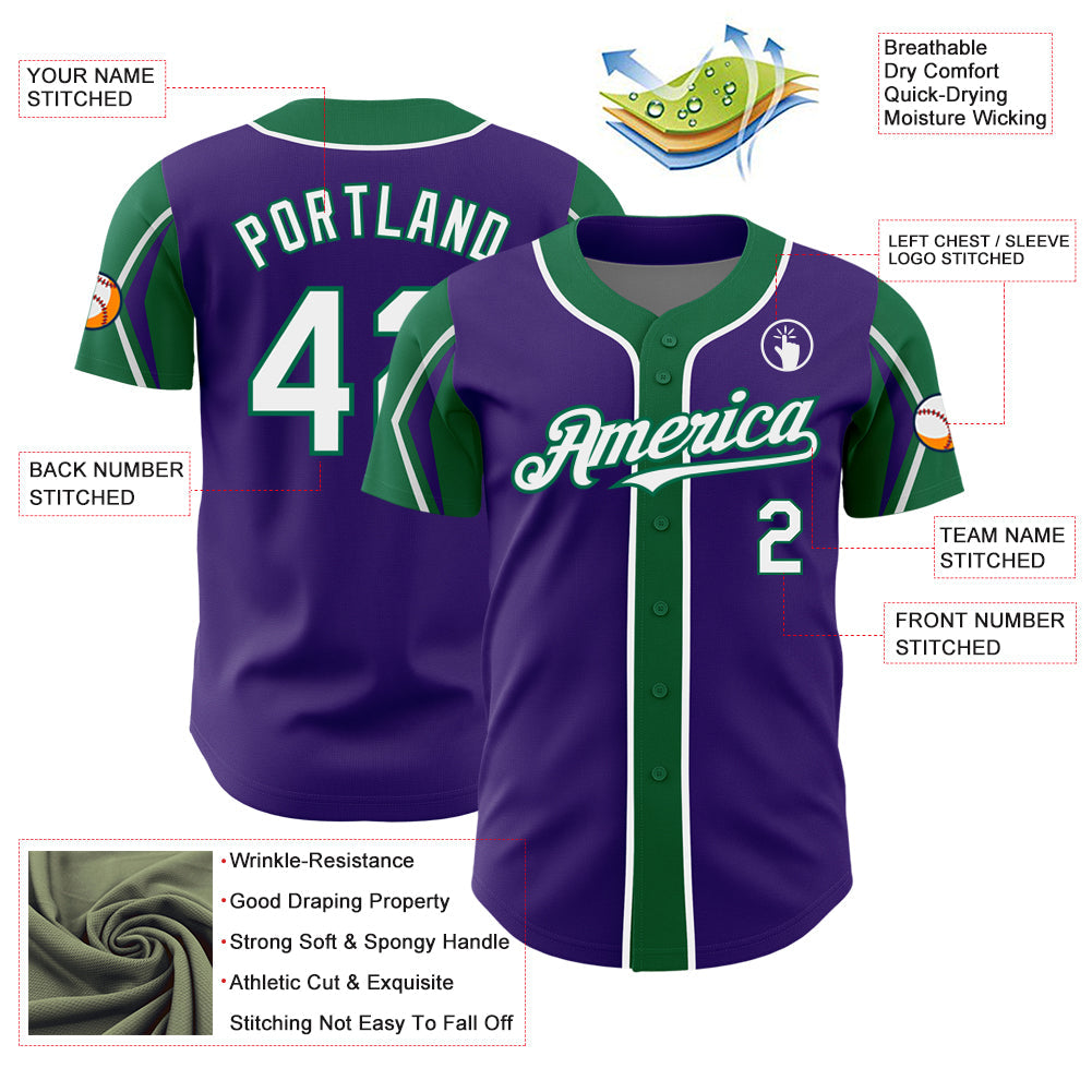 Custom Purple White-Kelly Green 3 Colors Arm Shapes Authentic Baseball Jersey view 4