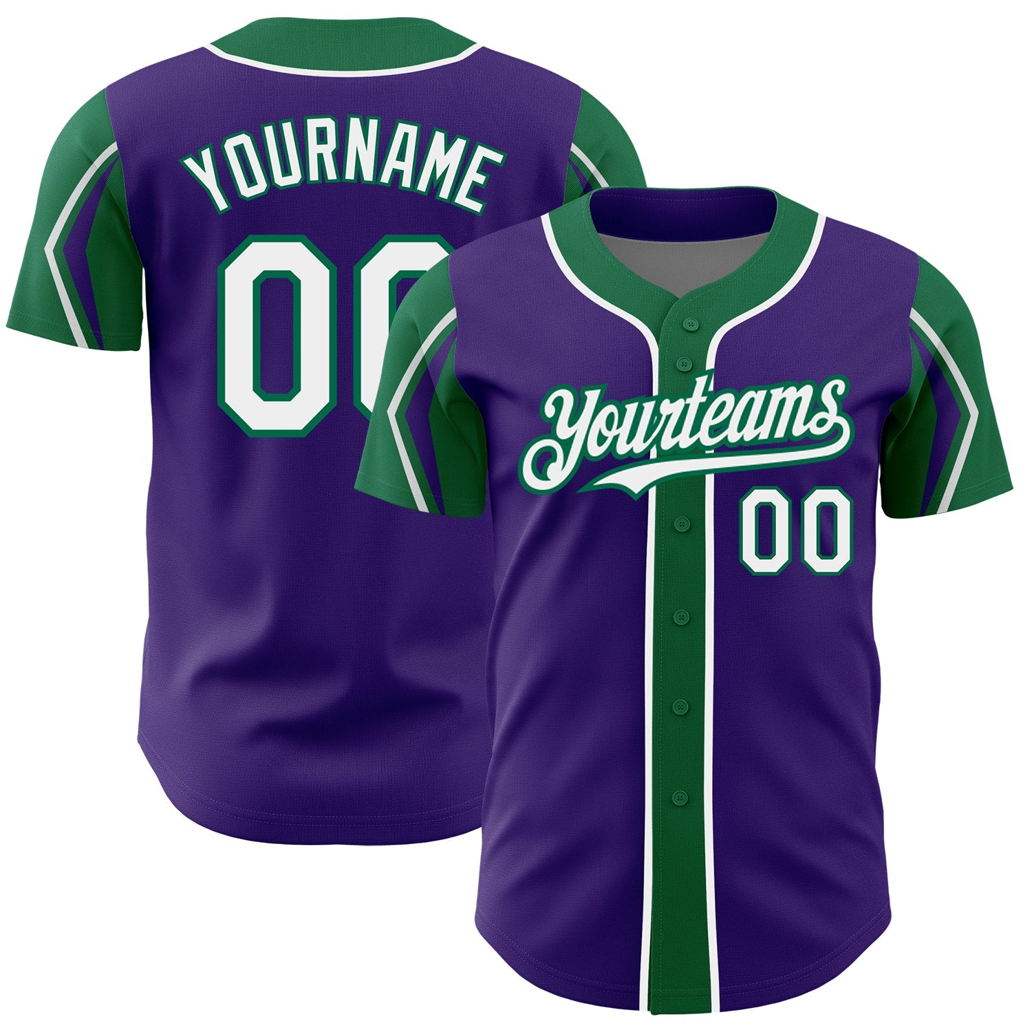 Custom Purple White-Kelly Green 3 Colors Arm Shapes Authentic Baseball Jersey - Main View