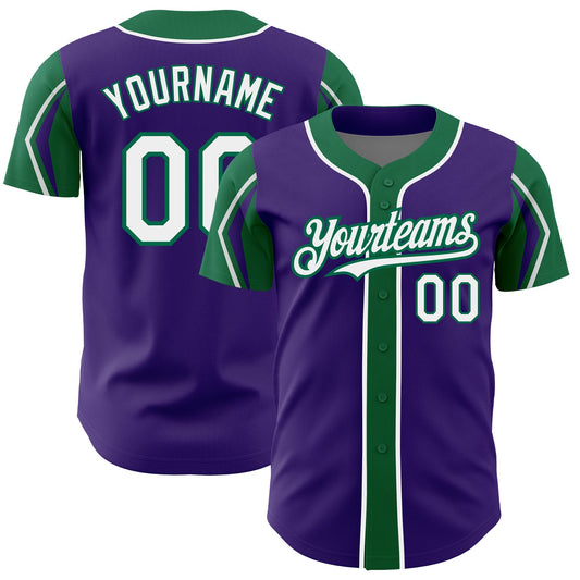 Custom Purple White-Kelly Green 3 Colors Arm Shapes Authentic Baseball Jersey - Main View