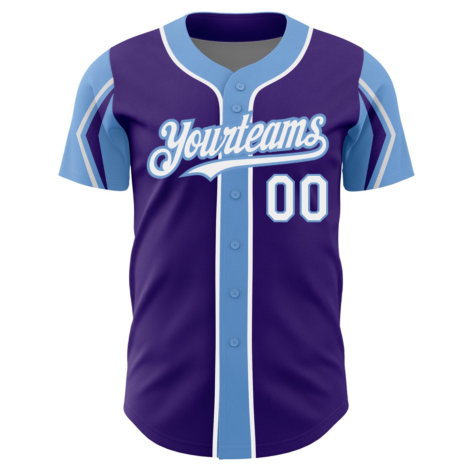 Custom Purple White-Light Blue 3 Colors Arm Shapes Authentic Baseball Jersey view 3