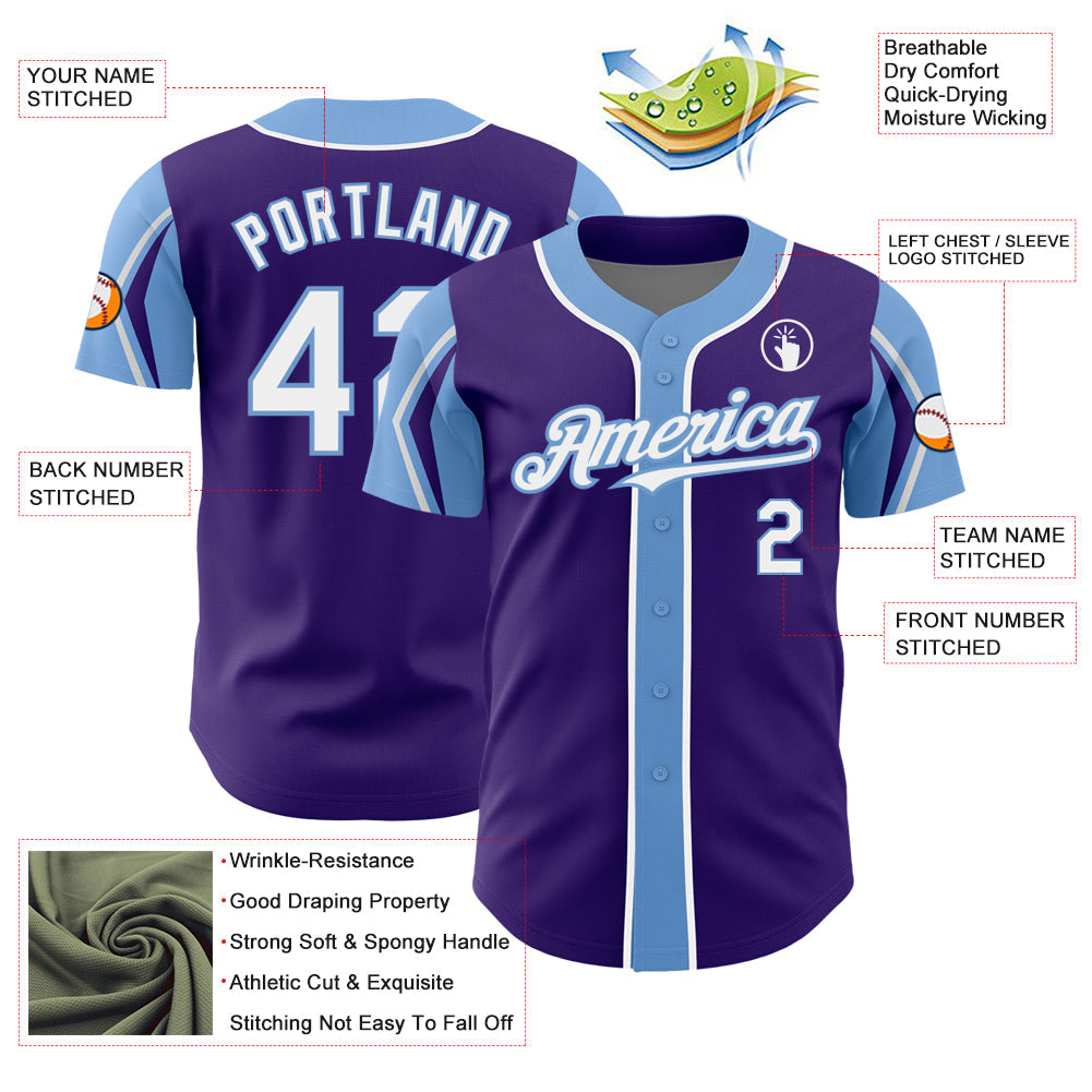 Custom Purple White-Light Blue 3 Colors Arm Shapes Authentic Baseball Jersey view 4
