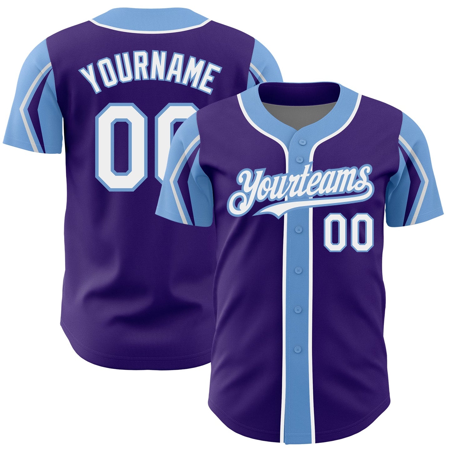 Custom Purple White-Light Blue 3 Colors Arm Shapes Authentic Baseball Jersey - Main View