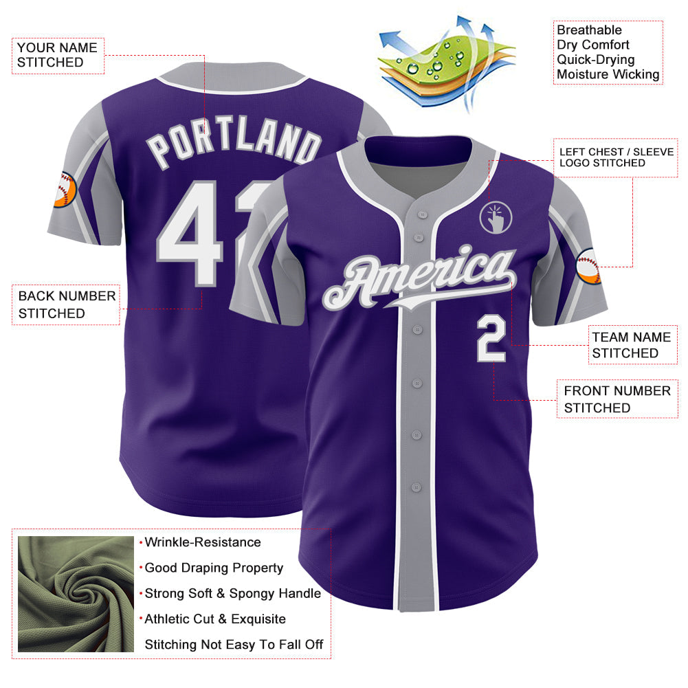 Custom Purple White-Gray 3 Colors Arm Shapes Authentic Baseball Jersey view 4