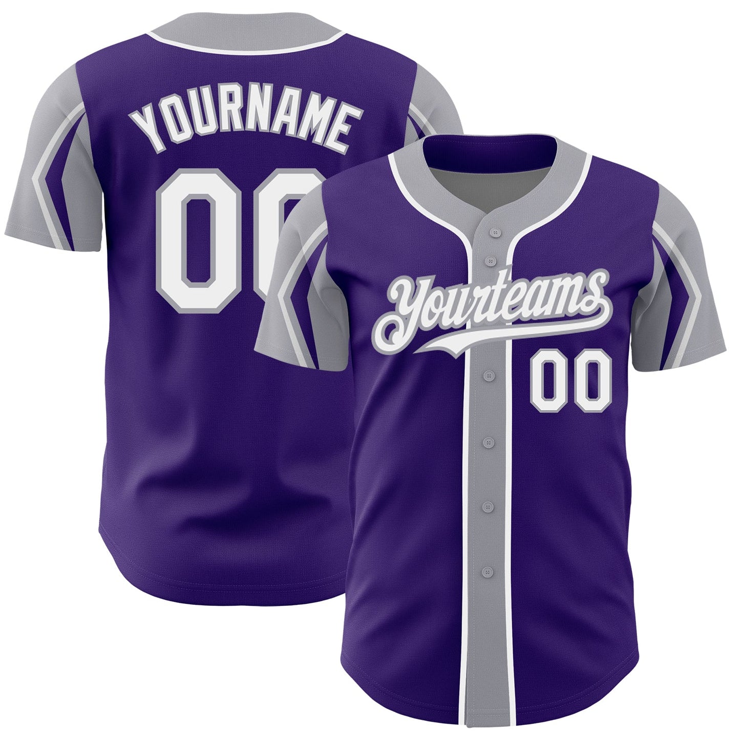 Custom Purple White-Gray 3 Colors Arm Shapes Authentic Baseball Jersey - Main View