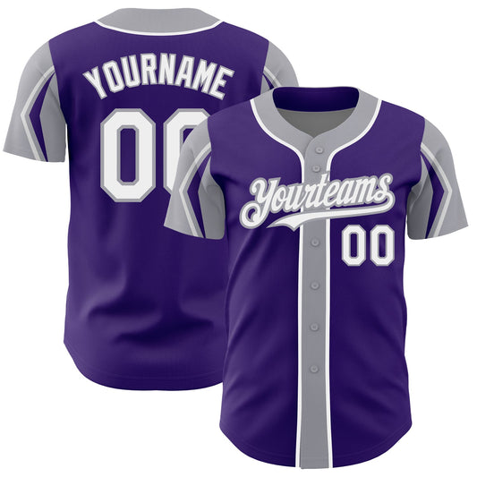 Custom Purple White-Gray 3 Colors Arm Shapes Authentic Baseball Jersey - Main View