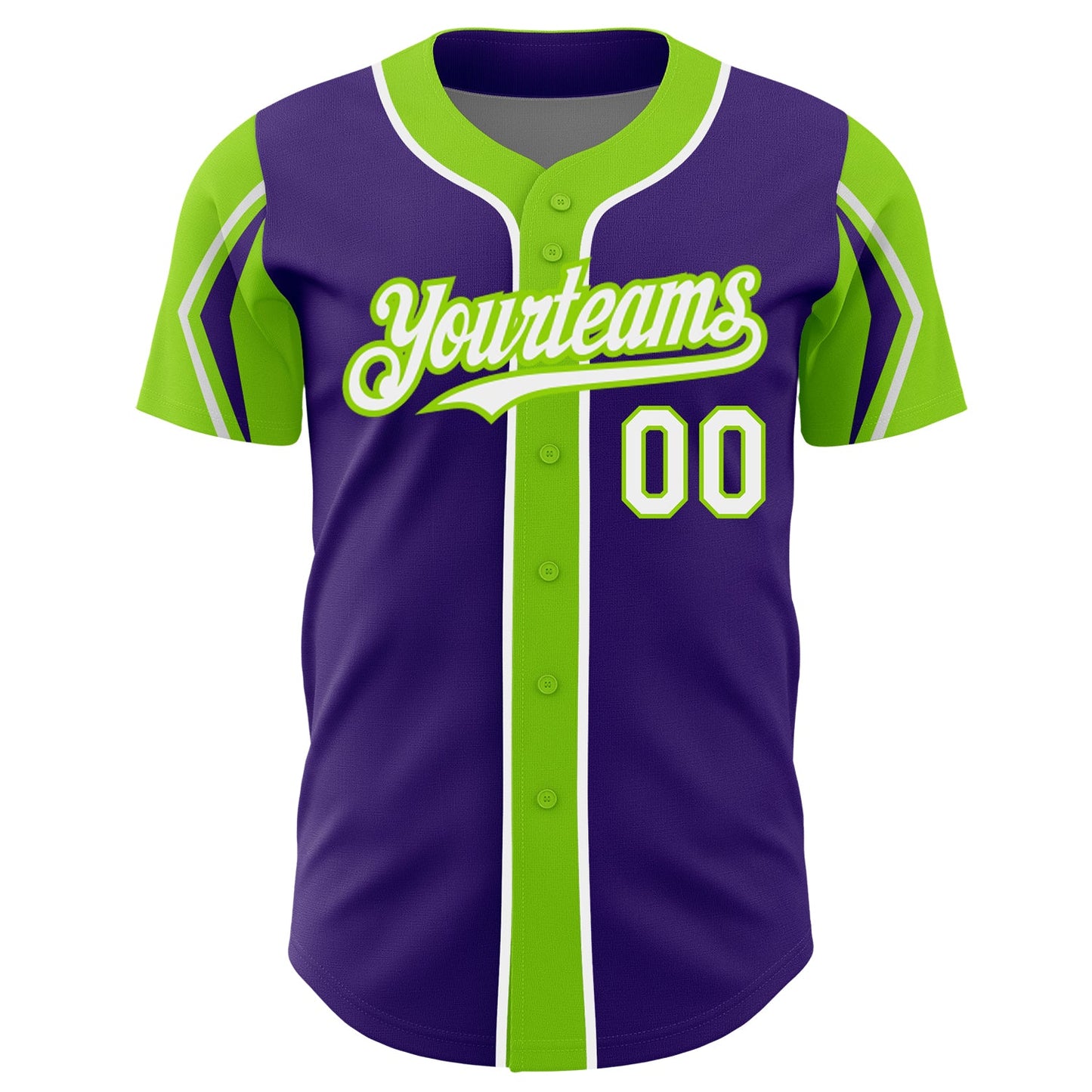 Custom Purple White-Neon Green 3 Colors Arm Shapes Authentic Baseball Jersey view 3