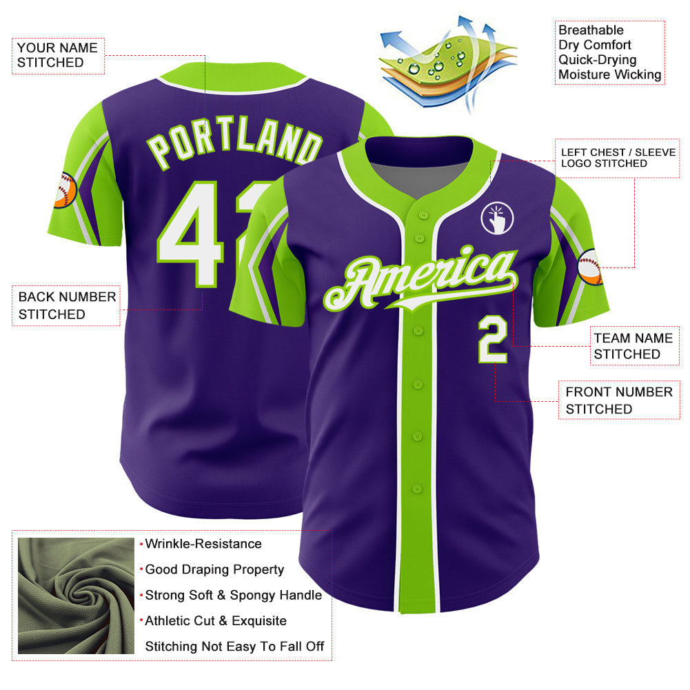 Custom Purple White-Neon Green 3 Colors Arm Shapes Authentic Baseball Jersey view 4