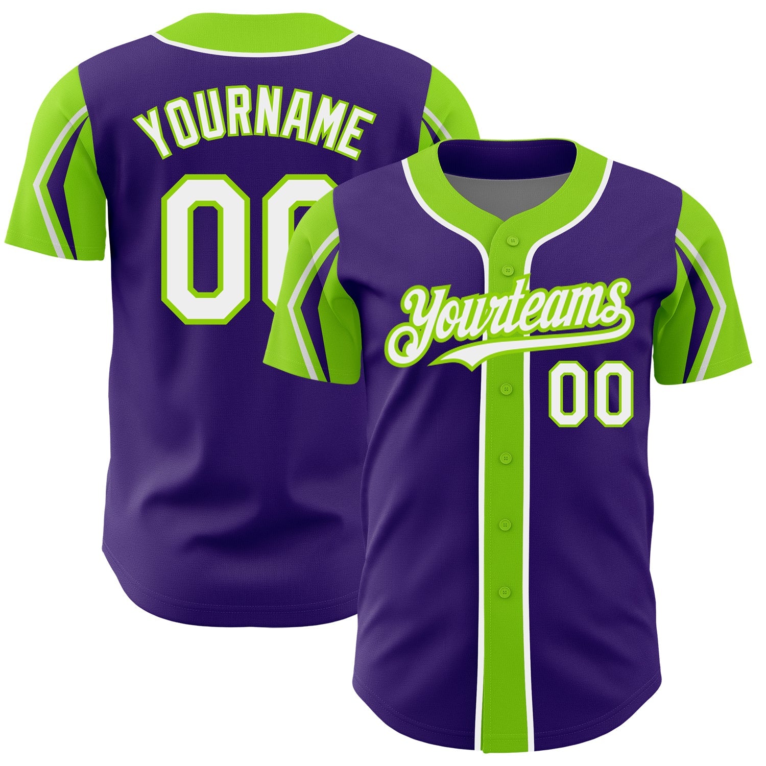 Custom Purple White-Neon Green 3 Colors Arm Shapes Authentic Baseball Jersey - Main View