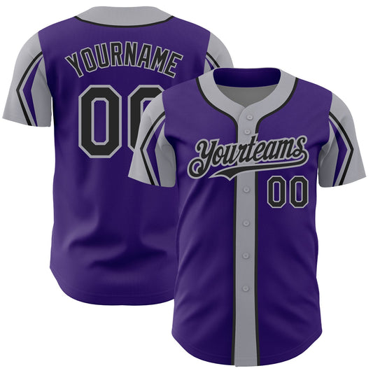 Custom Purple Black-Gray 3 Colors Arm Shapes Authentic Baseball Jersey - Main View