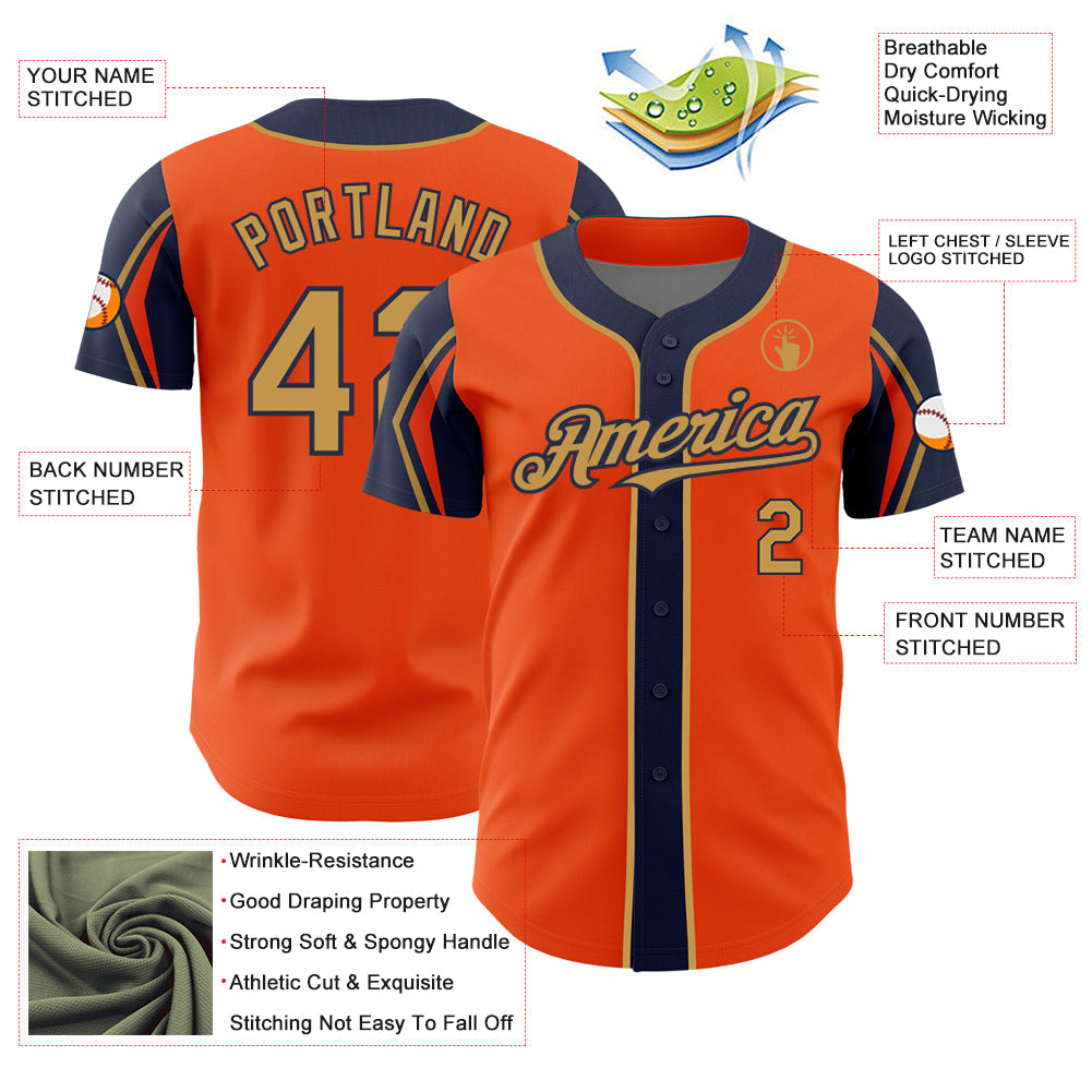 Custom Orange Old Gold-Navy 3 Colors Arm Shapes Authentic Baseball Jersey view 4
