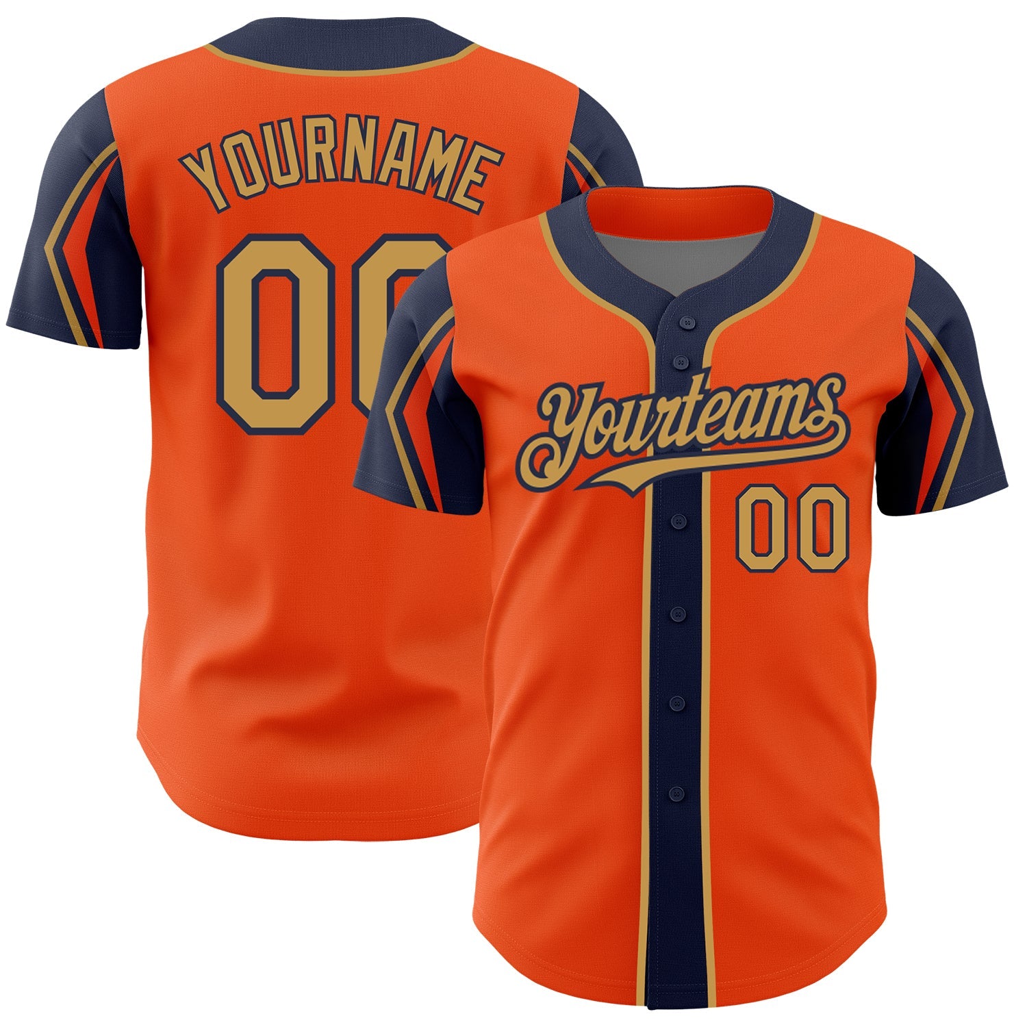 Custom Orange Old Gold-Navy 3 Colors Arm Shapes Authentic Baseball Jersey - Main View