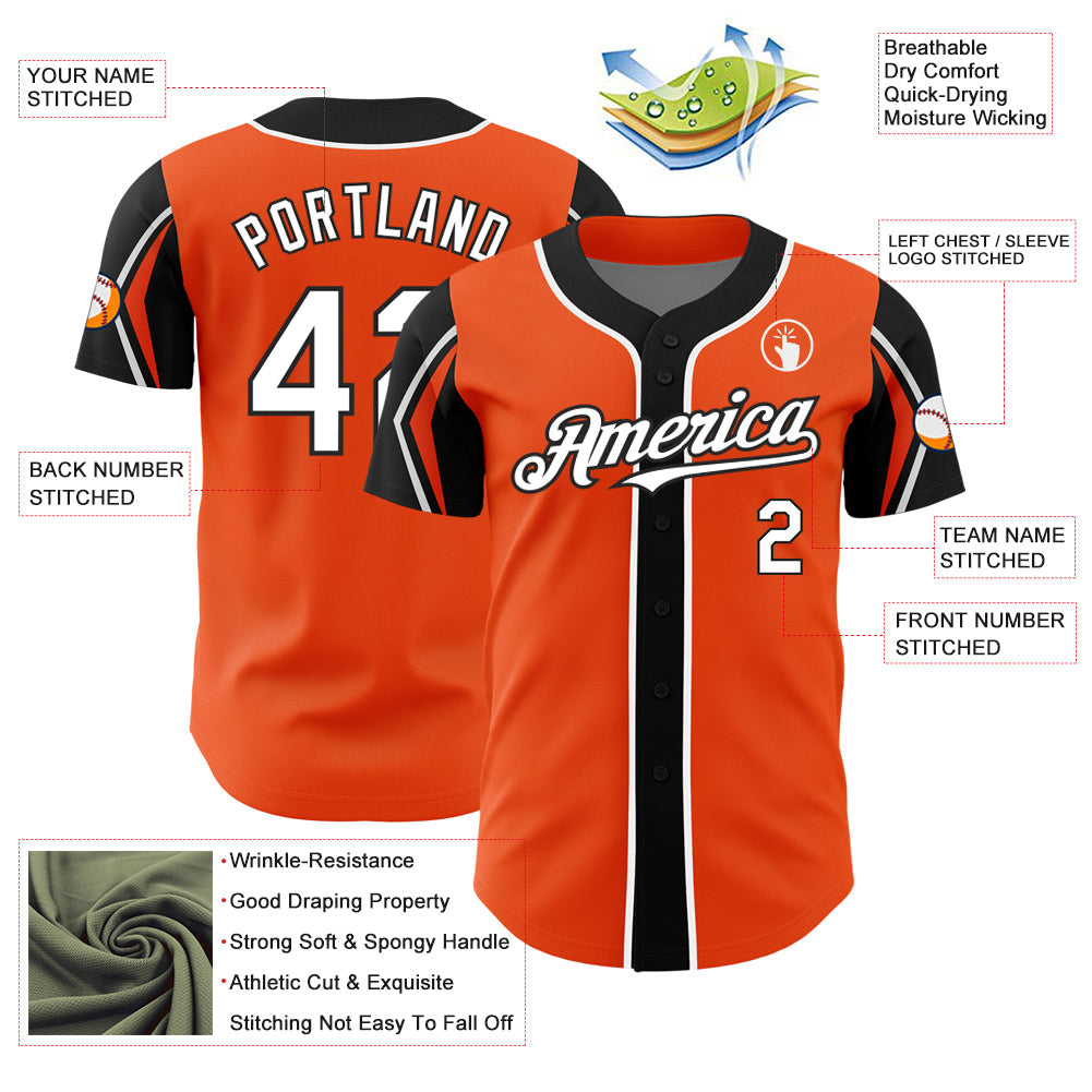 Custom Orange White-Black 3 Colors Arm Shapes Authentic Baseball Jersey view 4