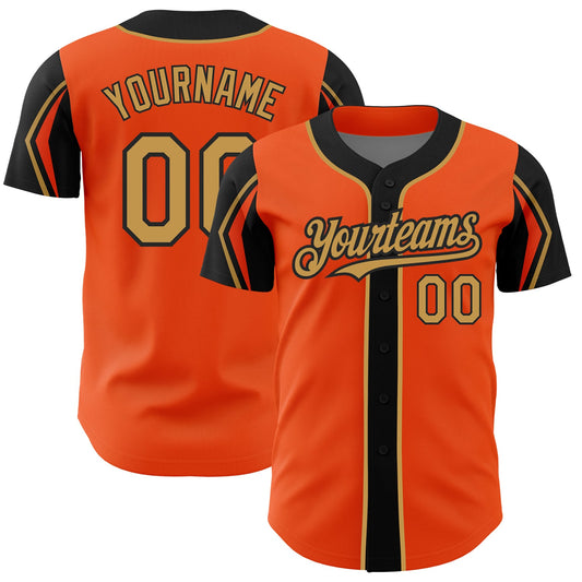 Custom Orange Old Gold-Black 3 Colors Arm Shapes Authentic Baseball Jersey - Main View