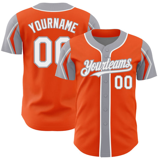 Custom Orange White-Gray 3 Colors Arm Shapes Authentic Baseball Jersey - Main View