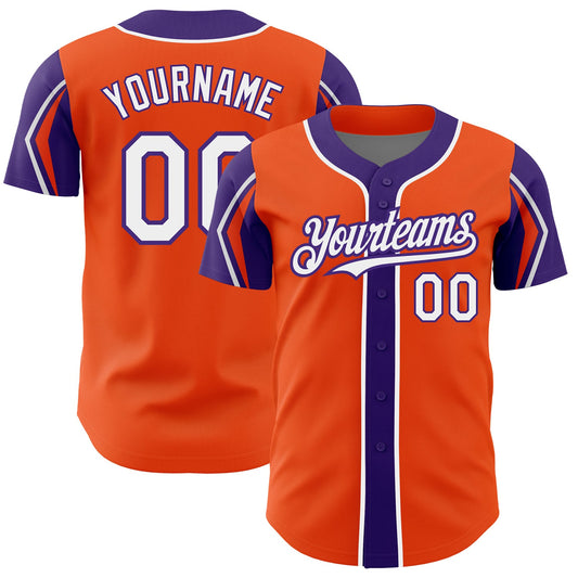 Custom Orange White-Purple 3 Colors Arm Shapes Authentic Baseball Jersey - Main View