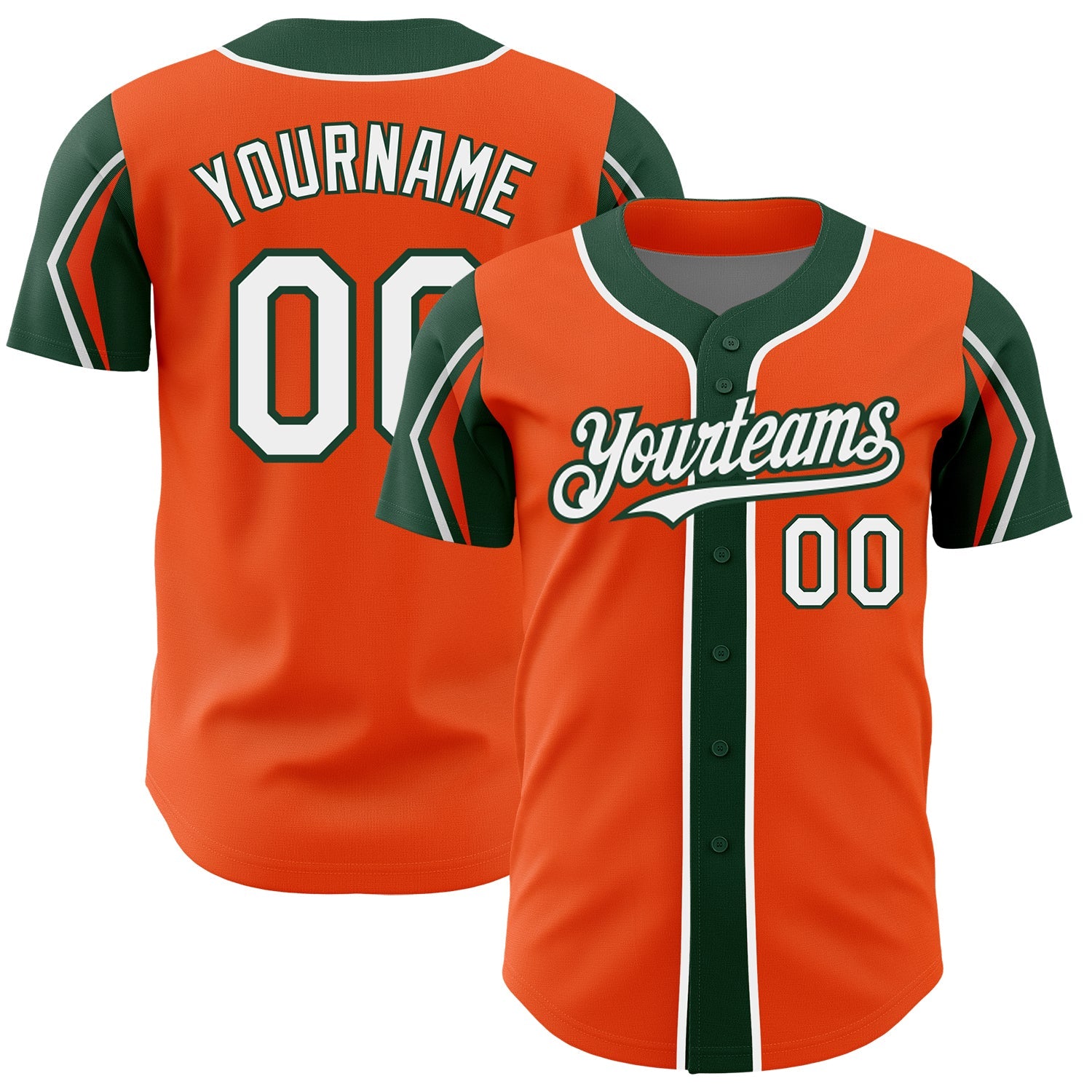 Custom Orange White-Green 3 Colors Arm Shapes Authentic Baseball Jersey - Main View