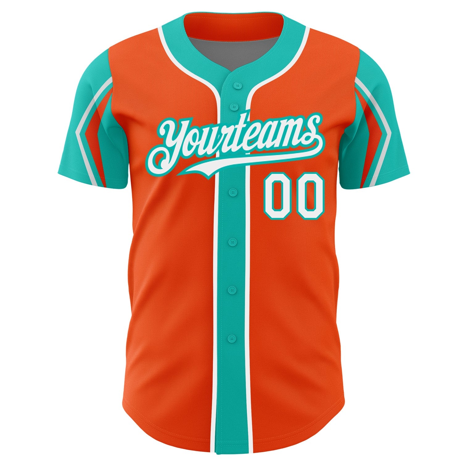 Custom Orange White-Aqua 3 Colors Arm Shapes Authentic Baseball Jersey view 3