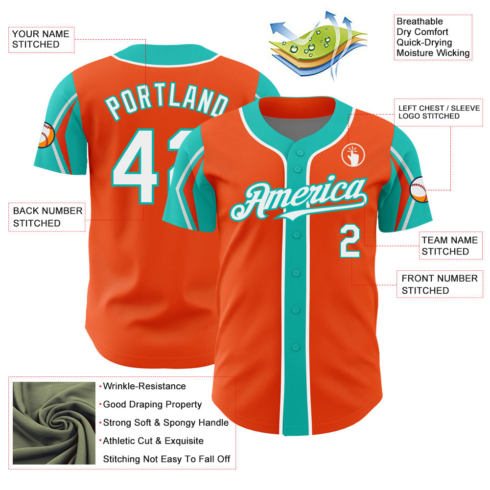 Custom Orange White-Aqua 3 Colors Arm Shapes Authentic Baseball Jersey view 4