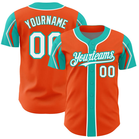 Custom Orange White-Aqua 3 Colors Arm Shapes Authentic Baseball Jersey - Main View