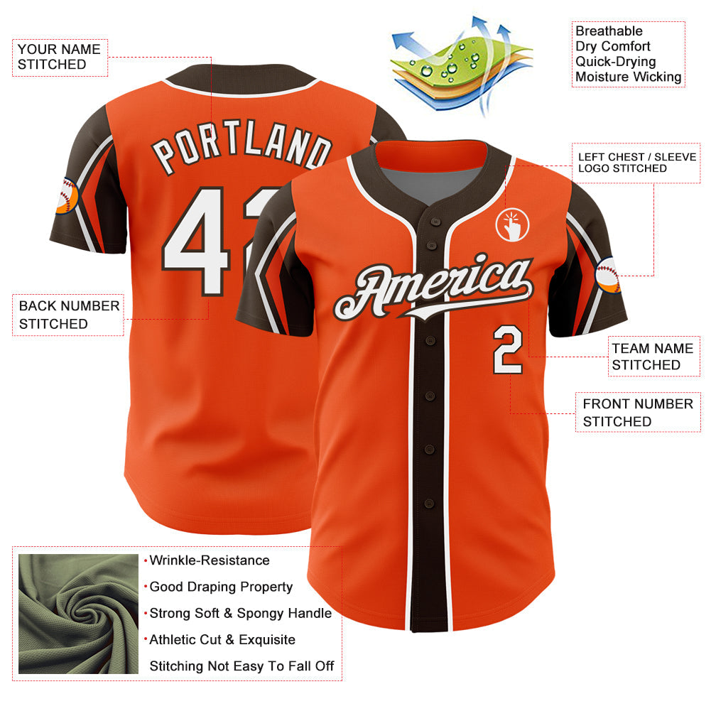 Custom Orange White-Brown 3 Colors Arm Shapes Authentic Baseball Jersey view 4