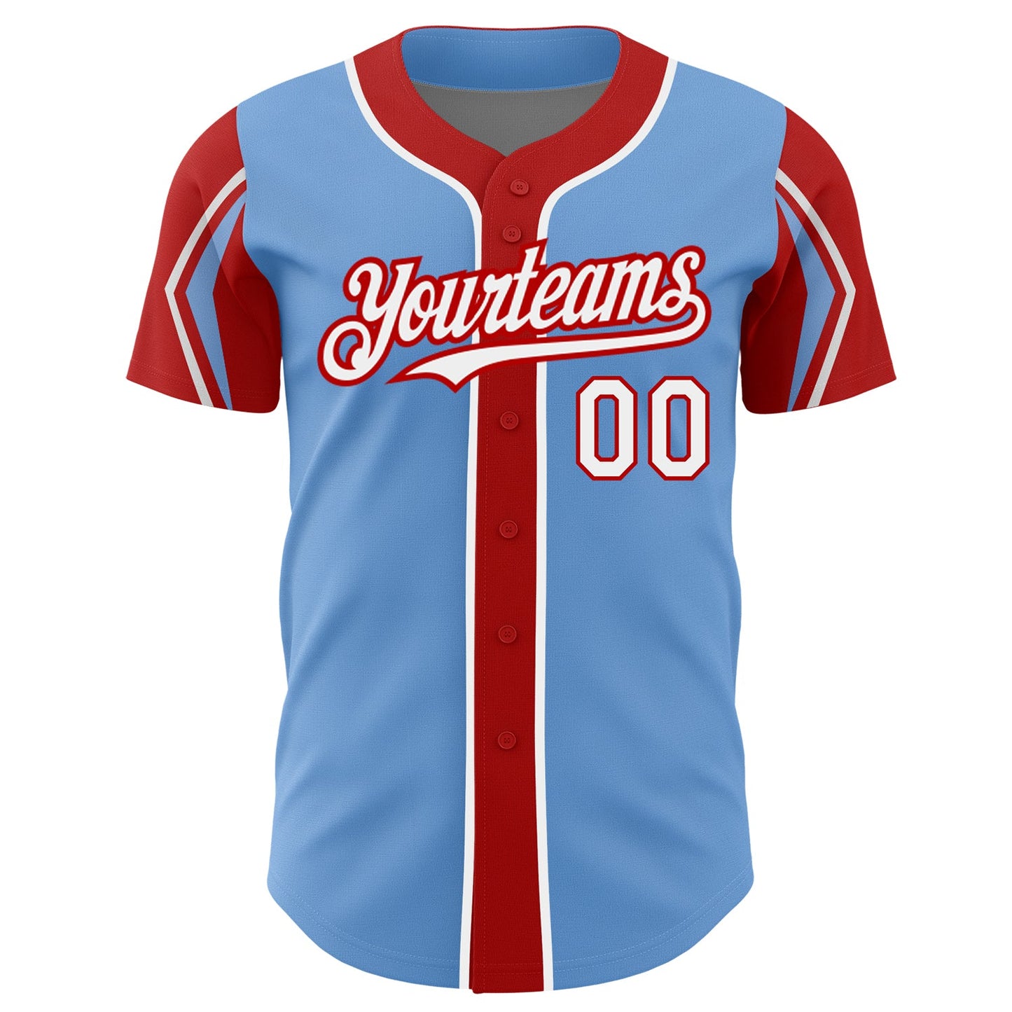 Custom Light Blue White-Red 3 Colors Arm Shapes Authentic Baseball Jersey view 3