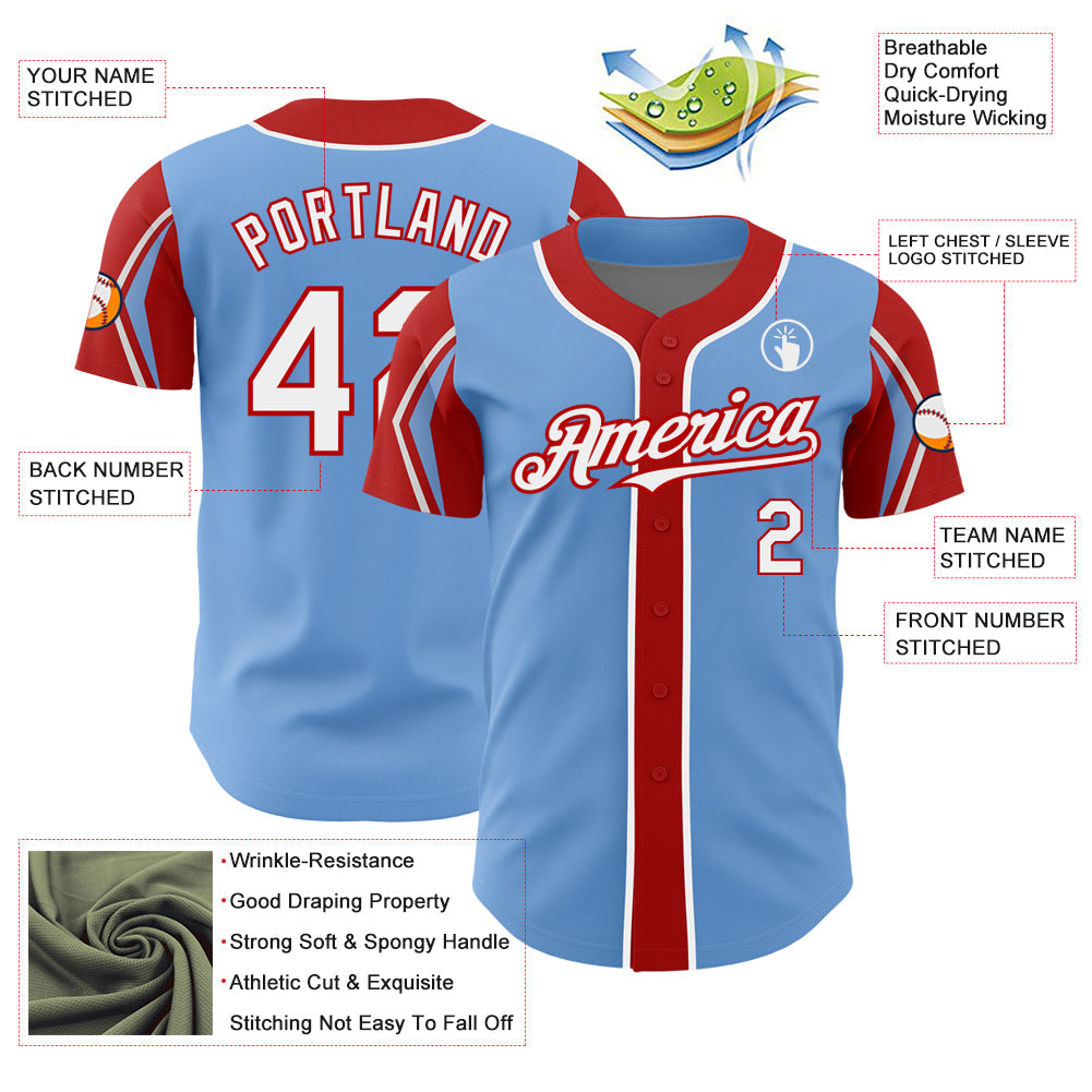 Custom Light Blue White-Red 3 Colors Arm Shapes Authentic Baseball Jersey view 4