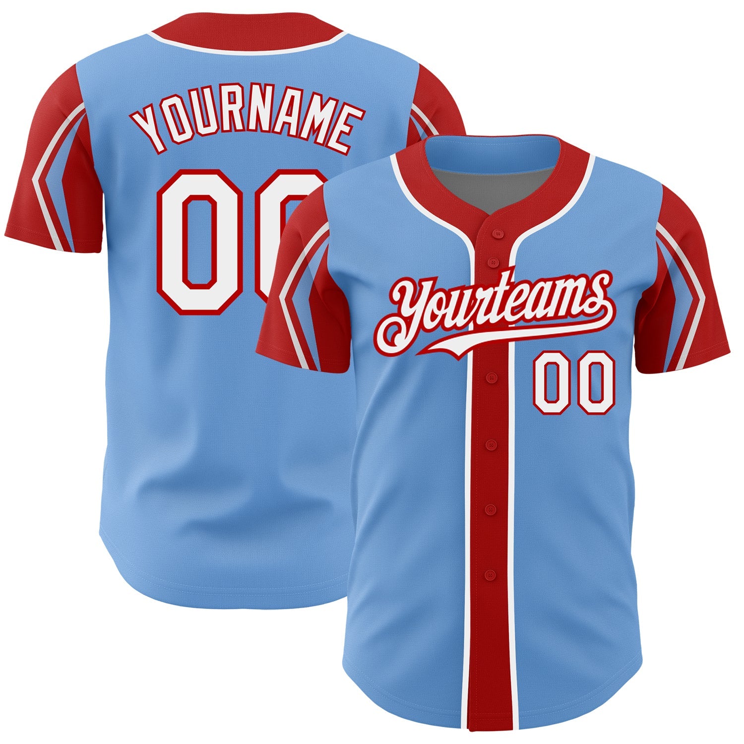 Custom Light Blue White-Red 3 Colors Arm Shapes Authentic Baseball Jersey - Main View