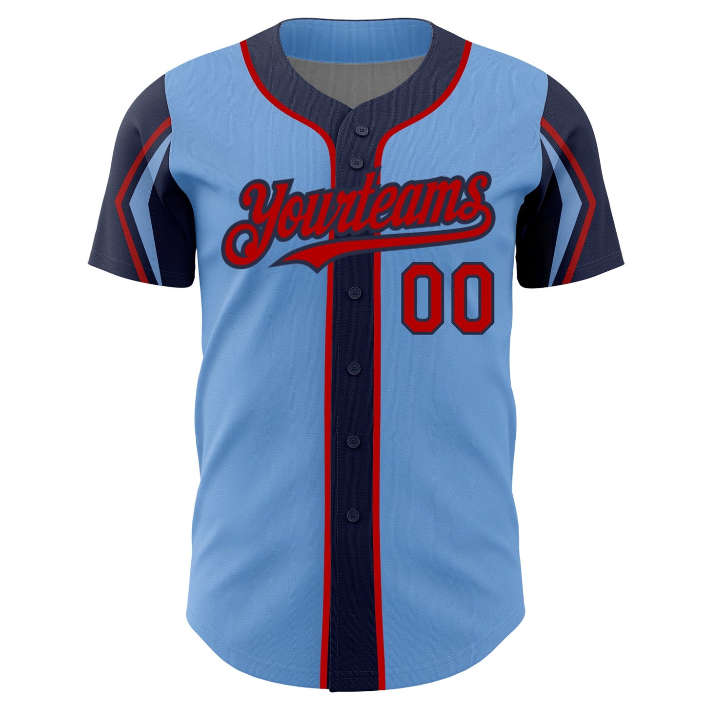 Custom Light Blue Red-Navy 3 Colors Arm Shapes Authentic Baseball Jersey view 3